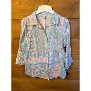 Chico's Button Down Women's Size 0 Blue Pink Paisley Print No Iron Blouse Top